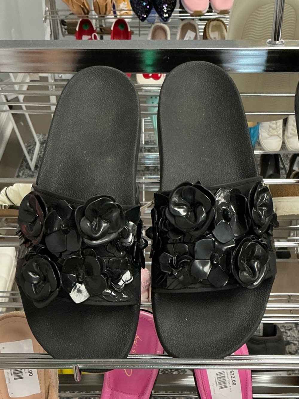 Tory Burch Black Floral Appliqué Slide Sandals